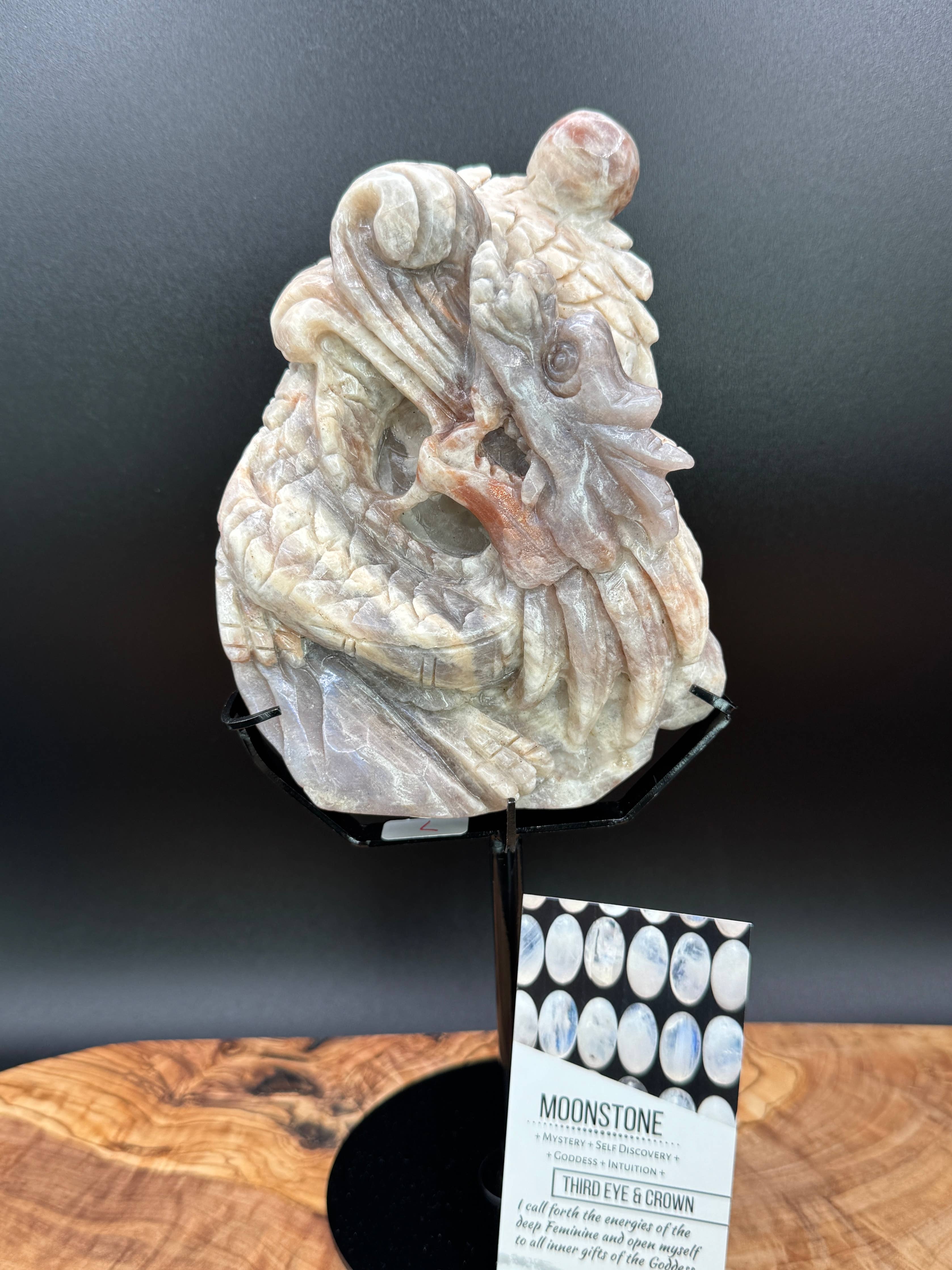 Moonstone Dragon Carving on Custom Display Stand  10 1/4"