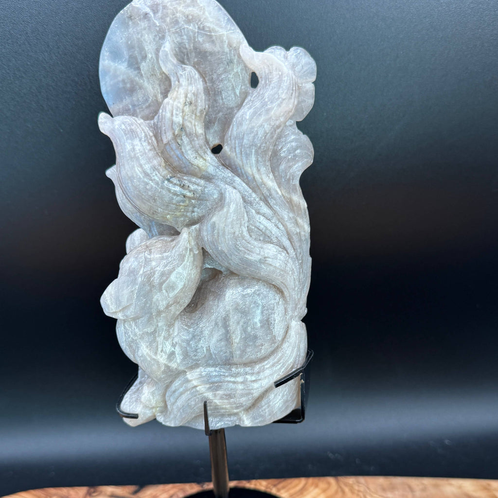 Flashy Moonstone Nine-Tailed Fox Carving on Custom Stand | 10.25" Tall | 833g