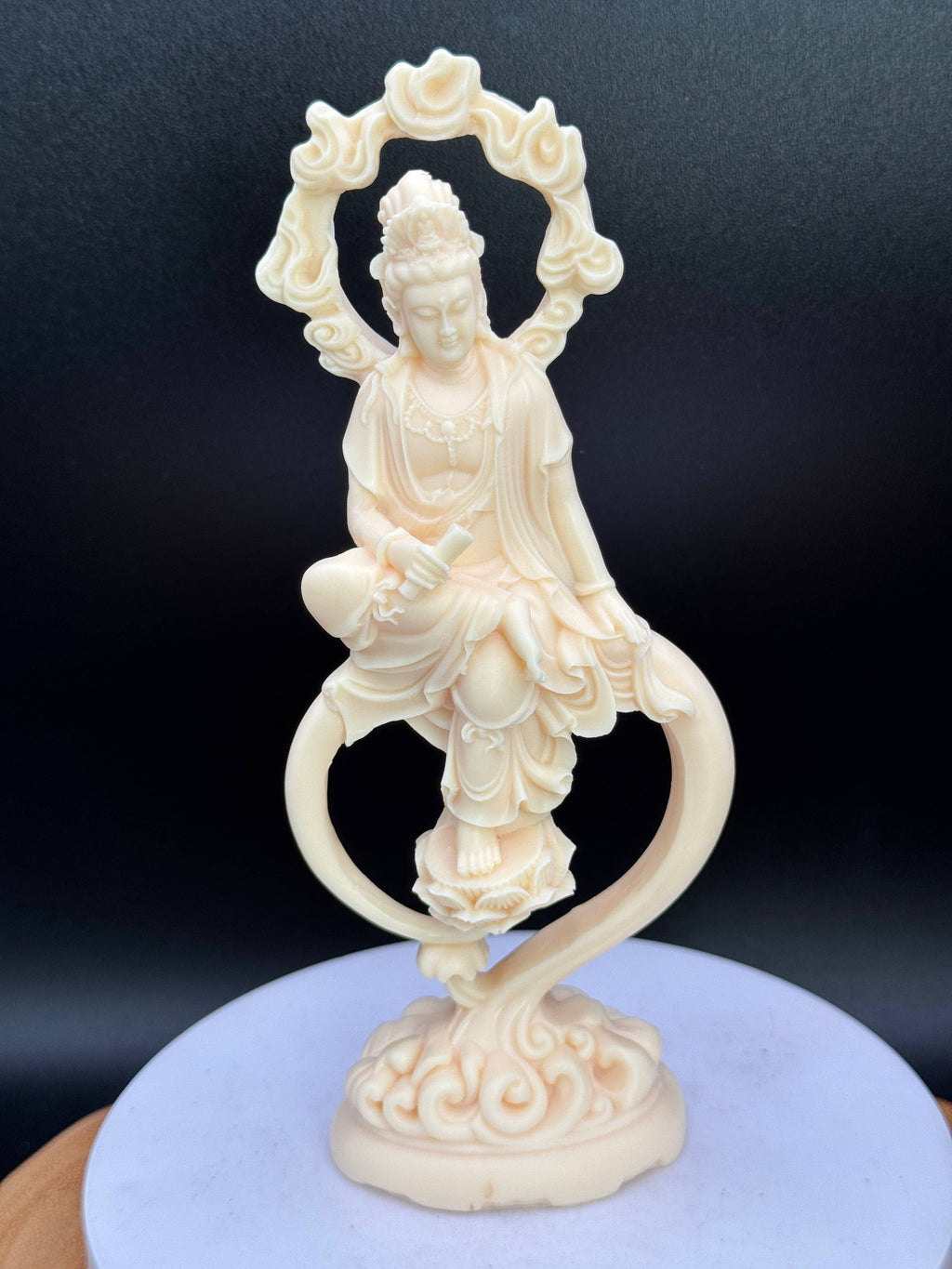 Palm nut (Tagua) Guan Yin w/ Lotus & flames 6.8"