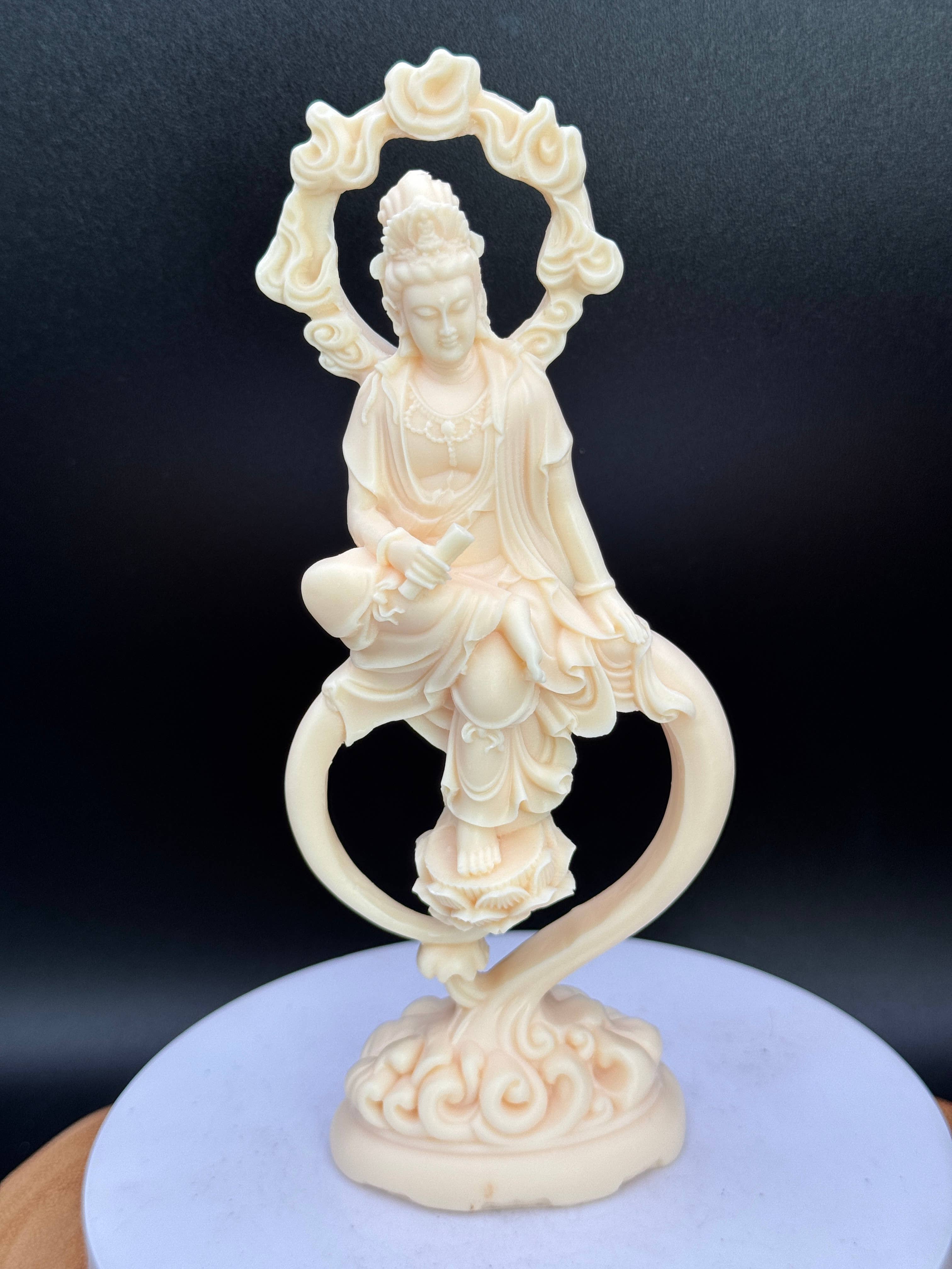 Palm nut (Tagua) Guan Yin w/ Lotus & flames 6.8"