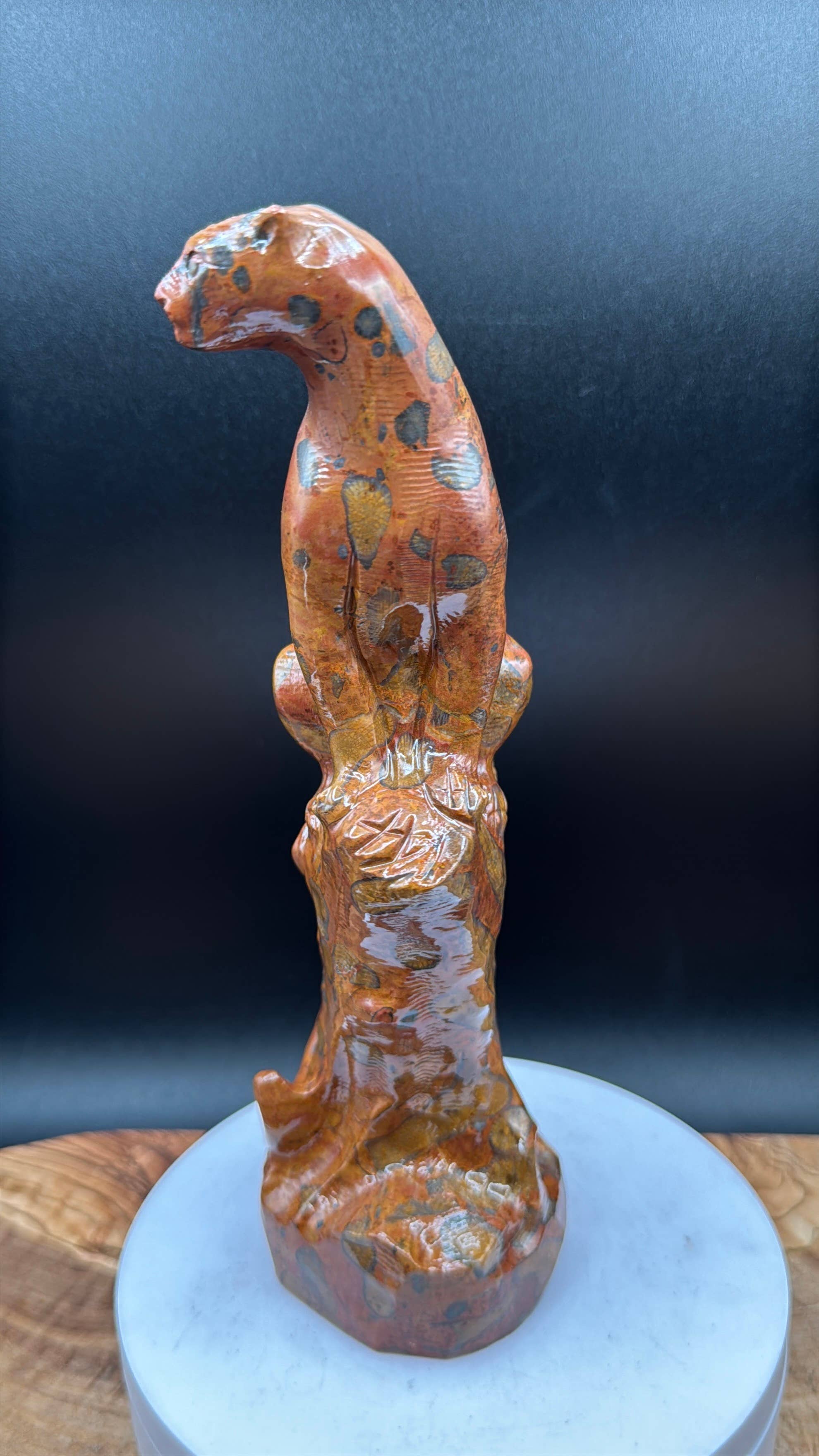 Leopard Skin Jasper Big Cat Carving on tree branch carving