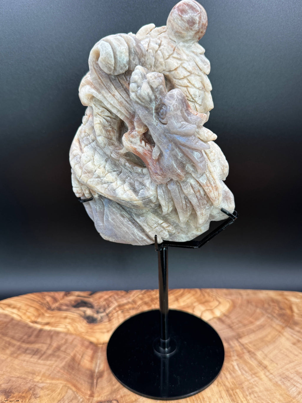 Moonstone Dragon Carving on Custom Display Stand  10 1/4"