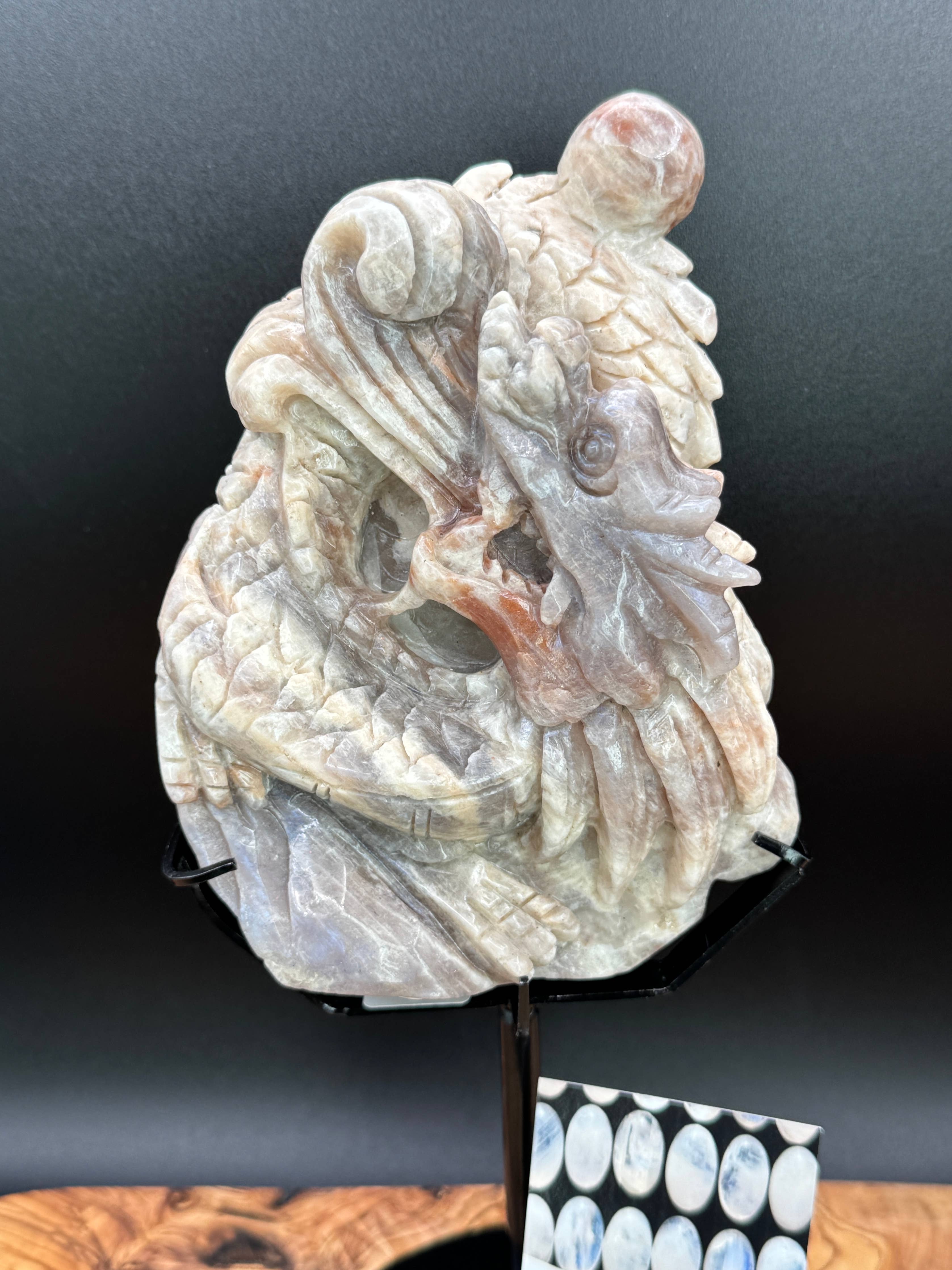 Moonstone Dragon Carving on Custom Display Stand  10 1/4"