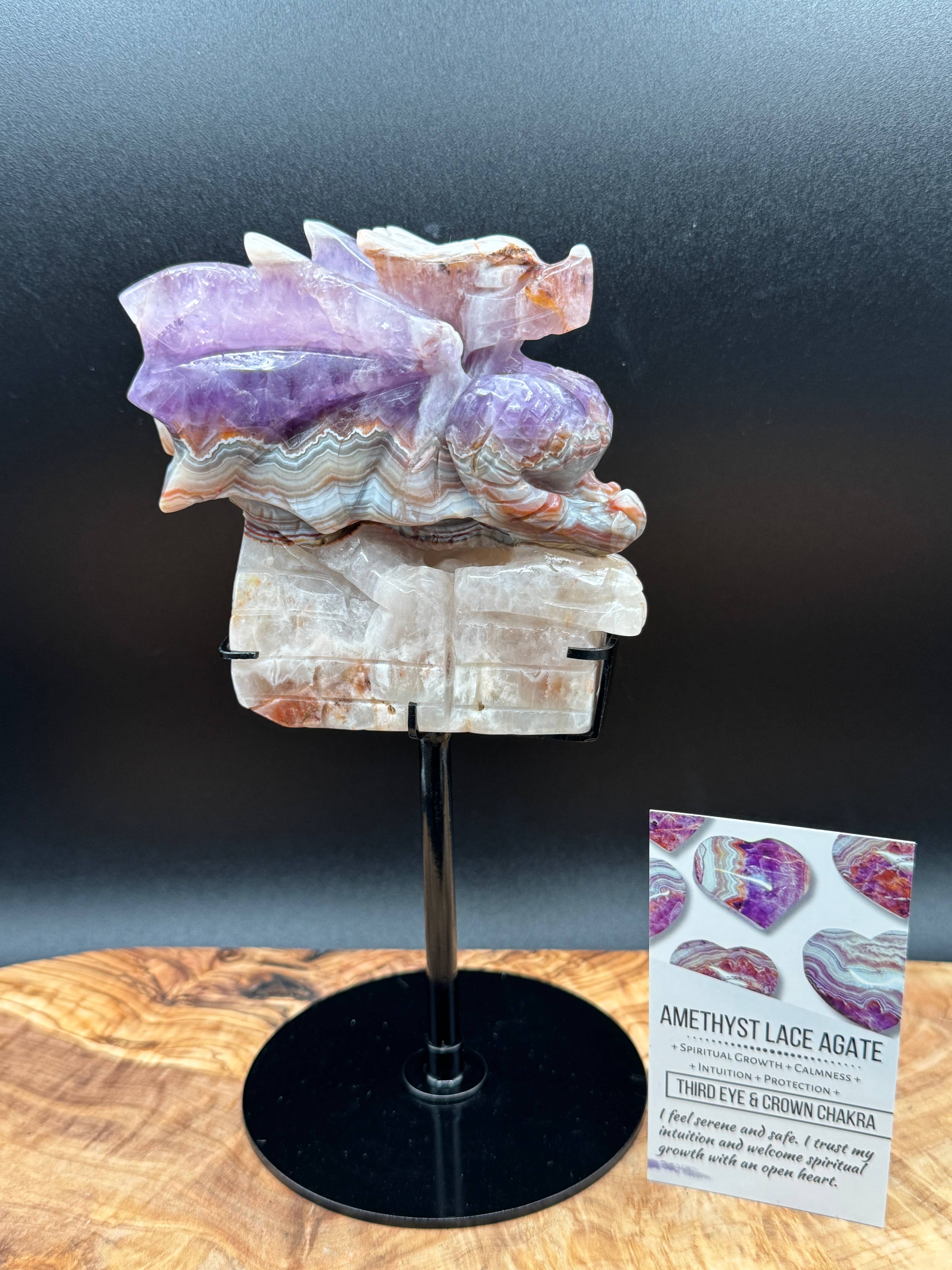 Amethyst Lace Agate Dragon Carving on Stand  2 lb Display Piece