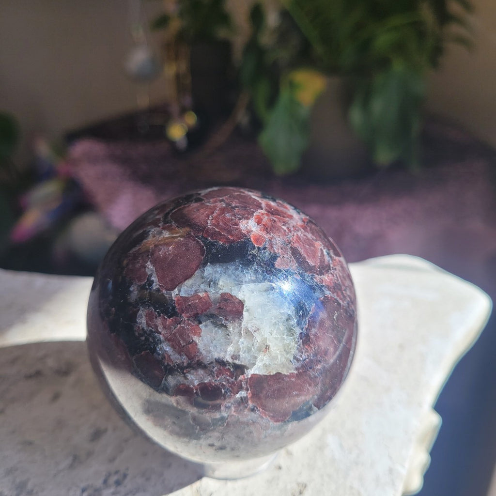 Garnet and Arfvedsonite sphere in sunlight showing pale crystalline area among red garnets and black matrix