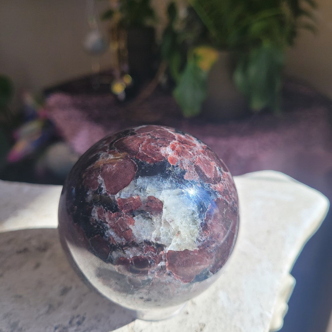 Garnet and Arfvedsonite sphere in sunlight showing pale crystalline area among red garnets and black matrix