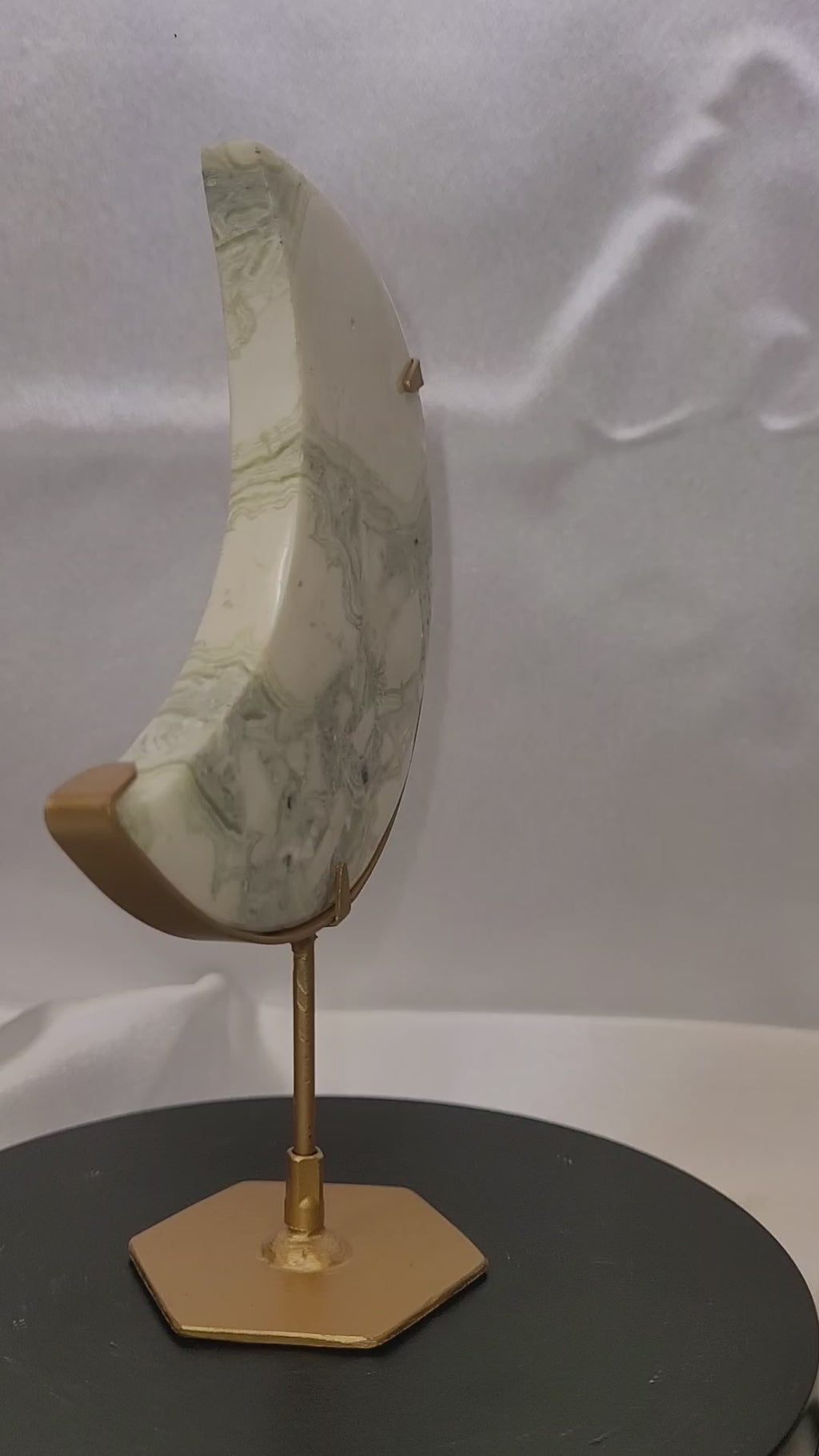 Green Plume Agate Crescent Moon on Gold Stand