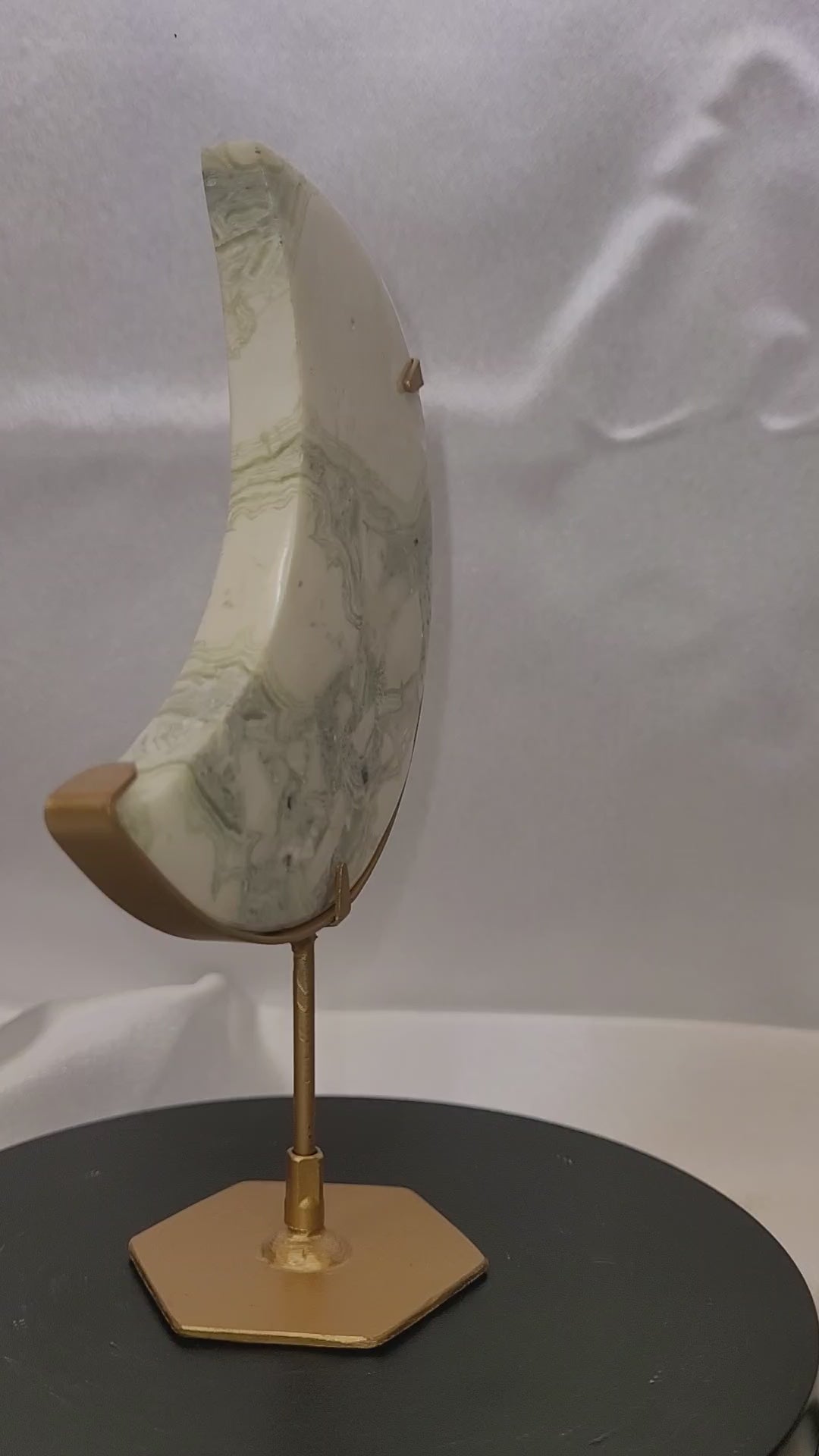 Green Plume Agate Crescent Moon on Gold Stand
