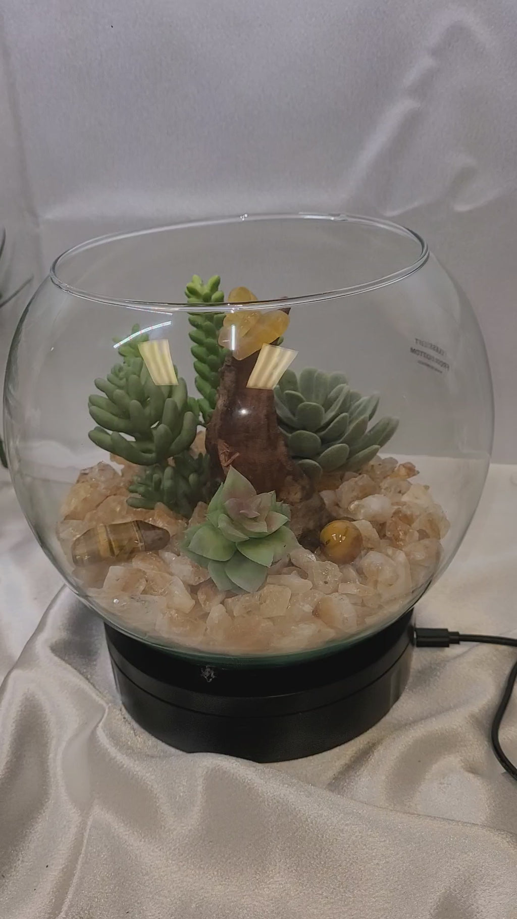 Butterfly Garden Crystal Display in Glass Bubble Bowl | Tiger's Eye, Fluorite Butterfly Carving & Golden Crystal Landscape
