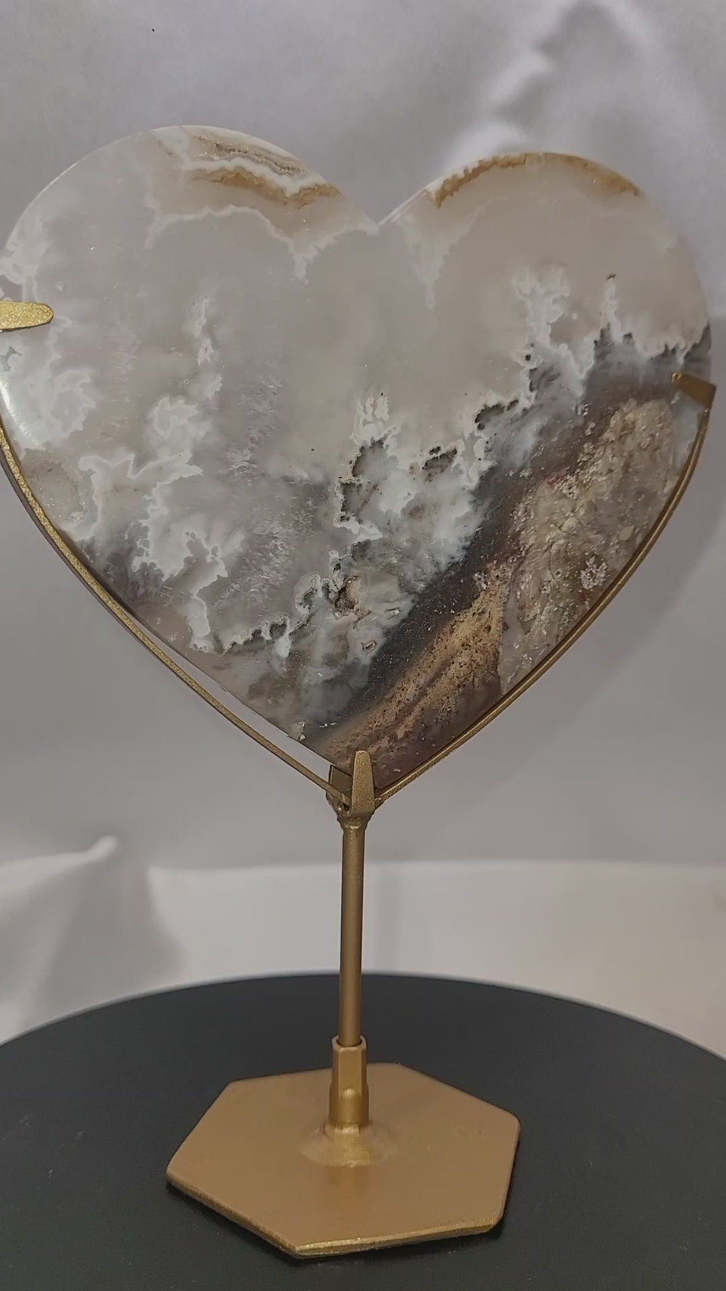 White Plume Agate Heart on Gold Stand | Scenic Druzy Agate Heart | 239g