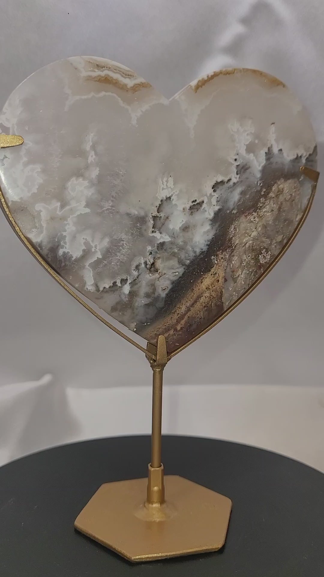 White Plume Agate Heart on Gold Stand | Scenic Druzy Agate Heart | 239g