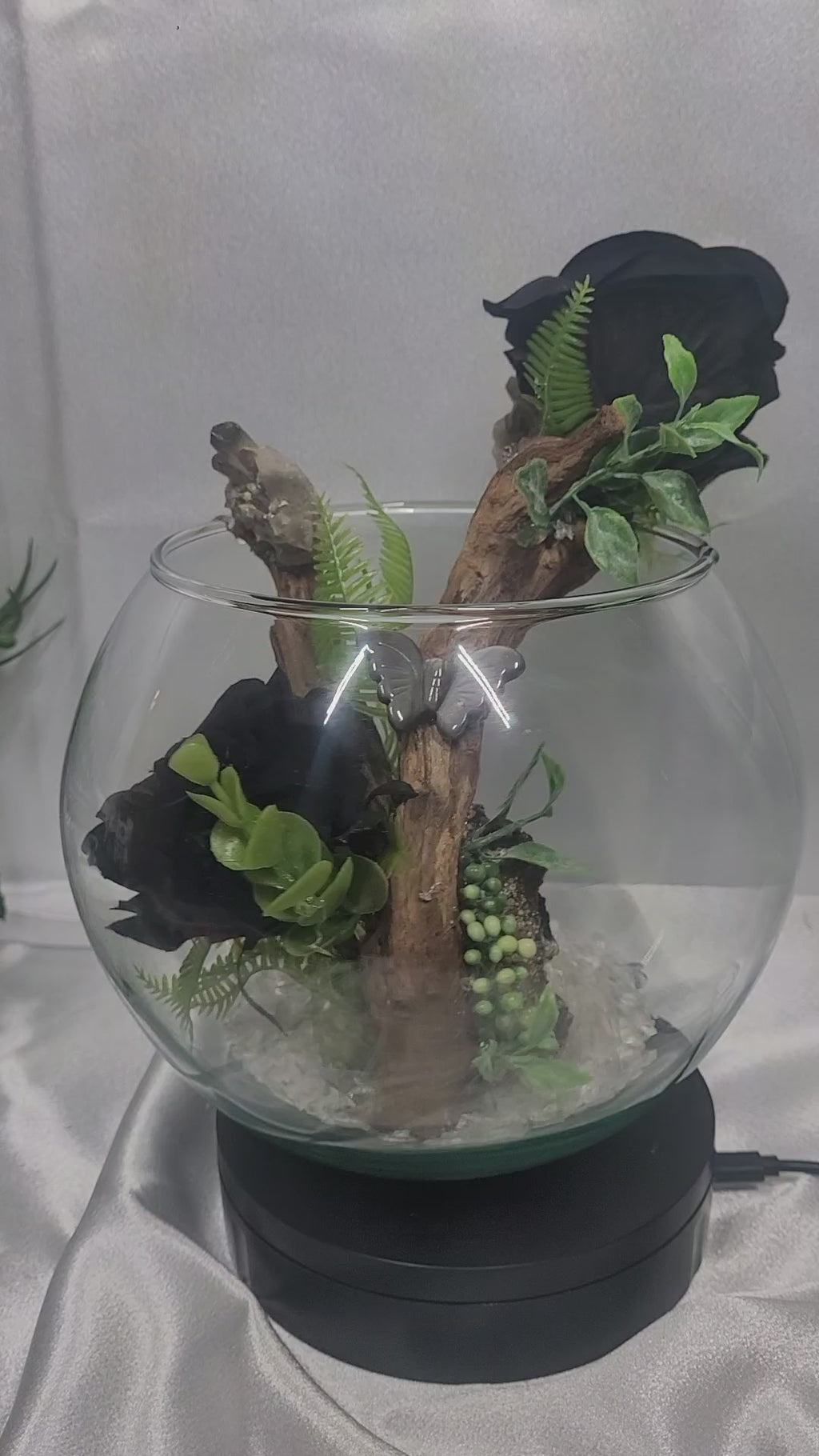 Midnight Garden Smoky Quartz Terrarium with Silver Sheen Obsidian Butterfly