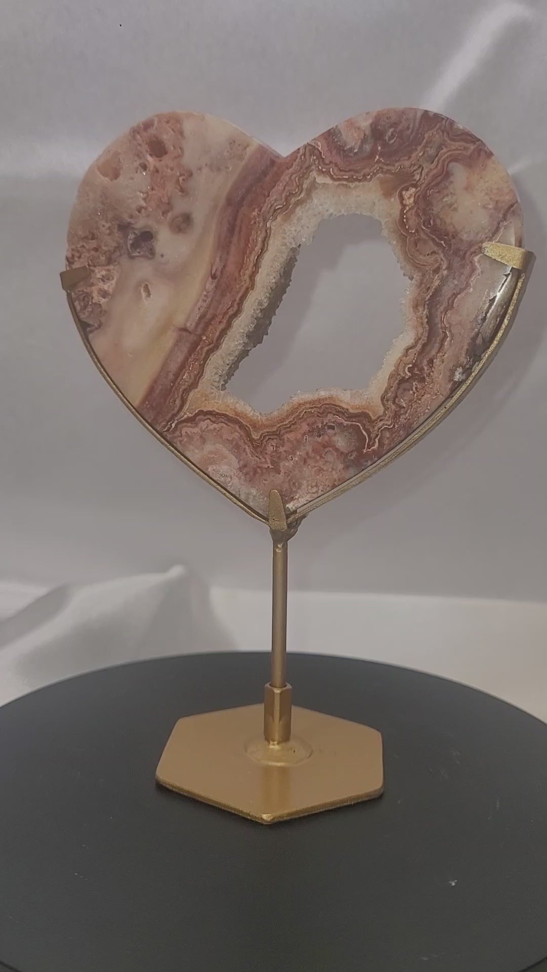 Pink Crazy Lace Agate Druzy Heart on Gold Stand | Open Geode Heart Display | 148g