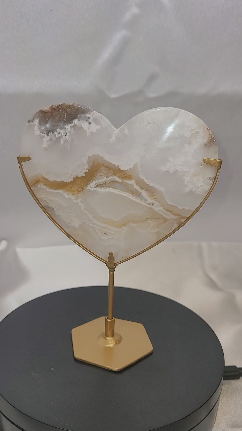 White Plume Agate Heart on Gold Stand | Druzy Agate Heart | 184g