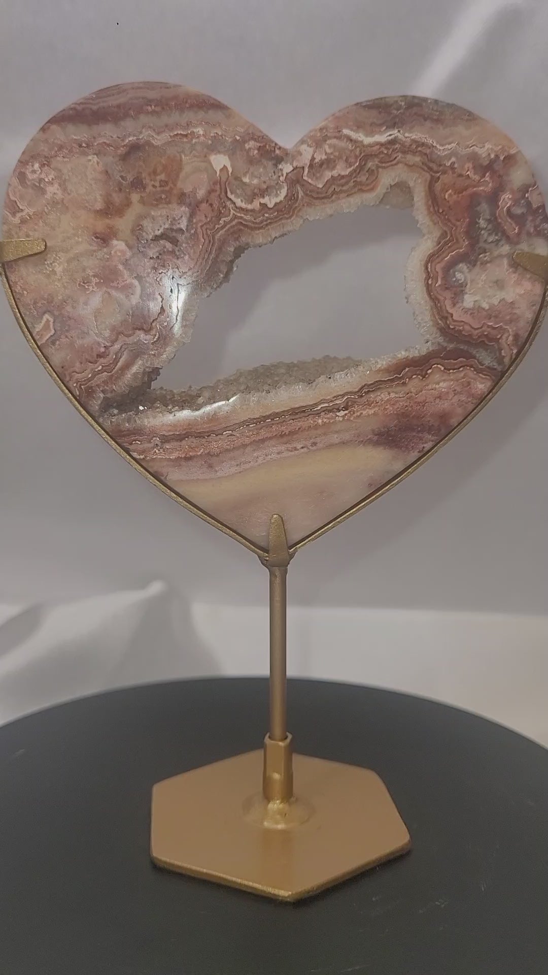 Pink Crazy Lace Agate Druzy Heart on Gold Stand | Banded Agate Crystal Display | 143g