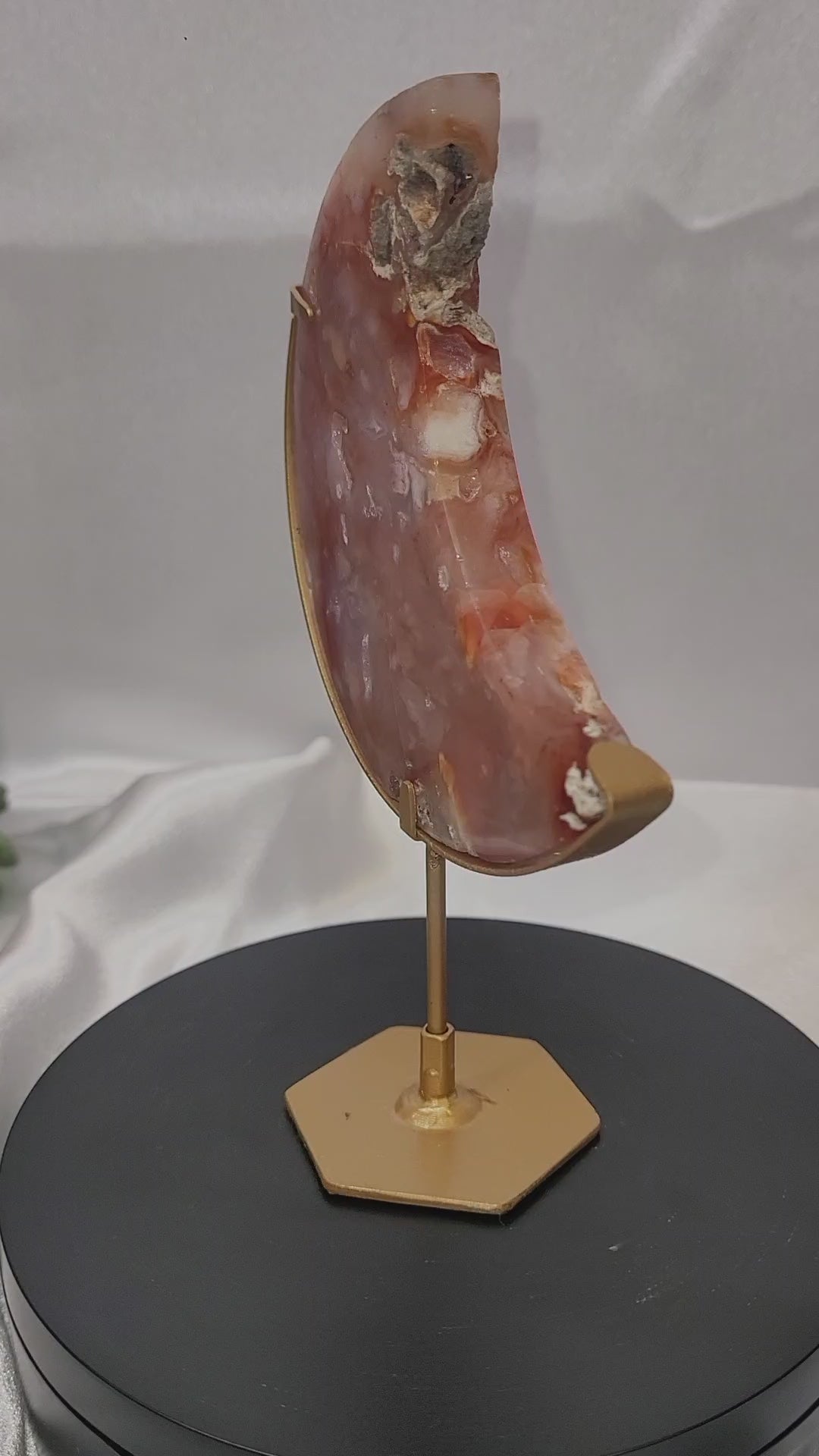 Carnelian Crescent Moon on Gold Stand | Druzy Carnelian Moon | 167g