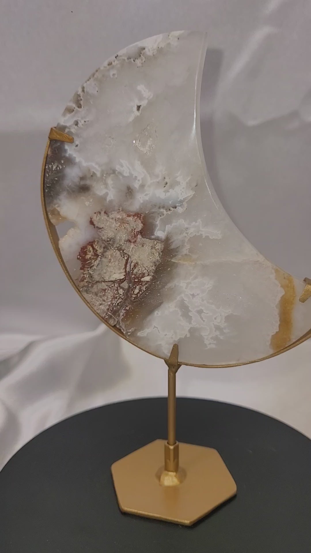 White Plume Agate Crescent Moon on Gold Stand | Druzy Agate Moon | 177g