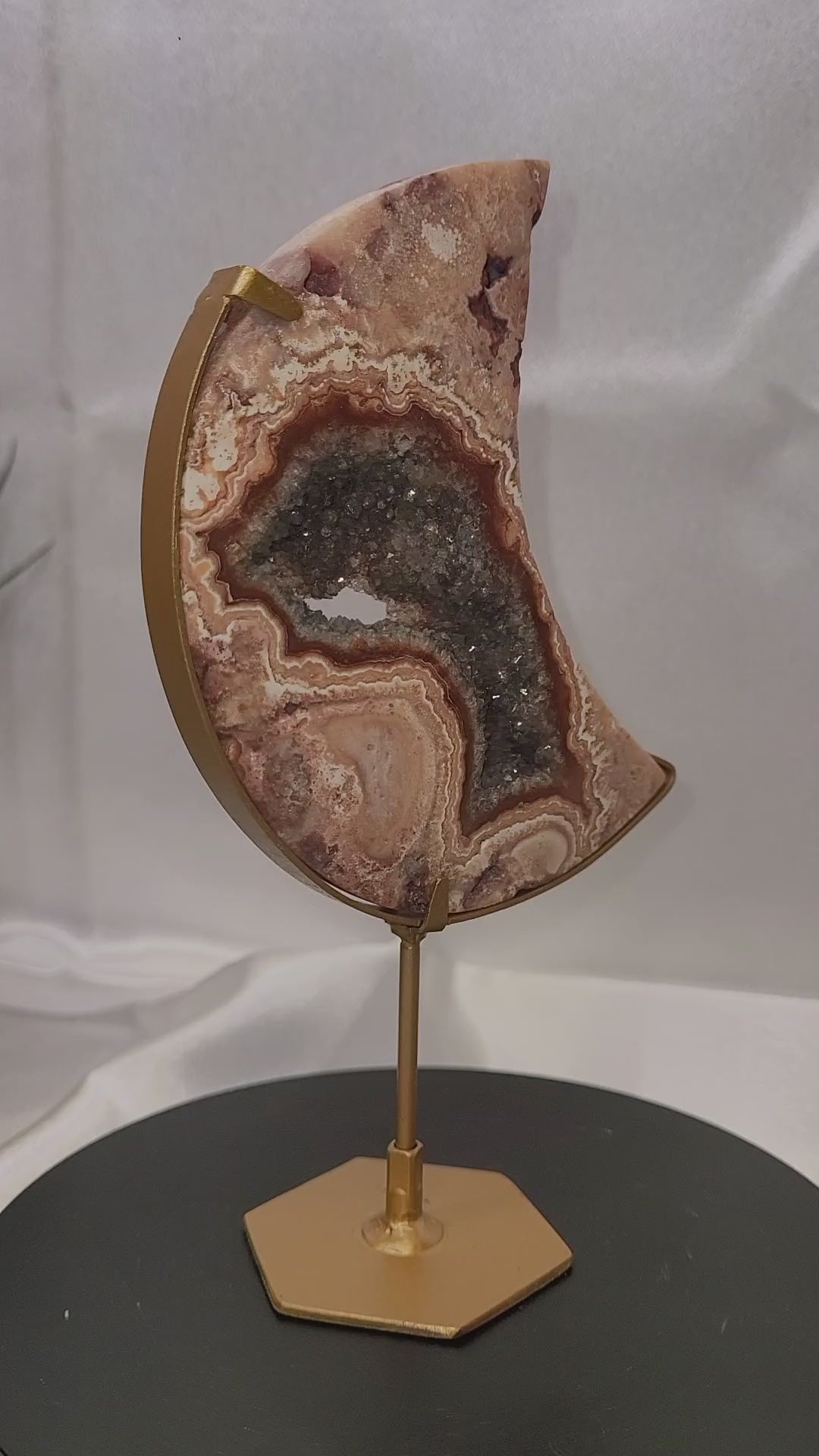 Pink Crazy Lace Agate Druzy Crescent Moon on Gold Stand