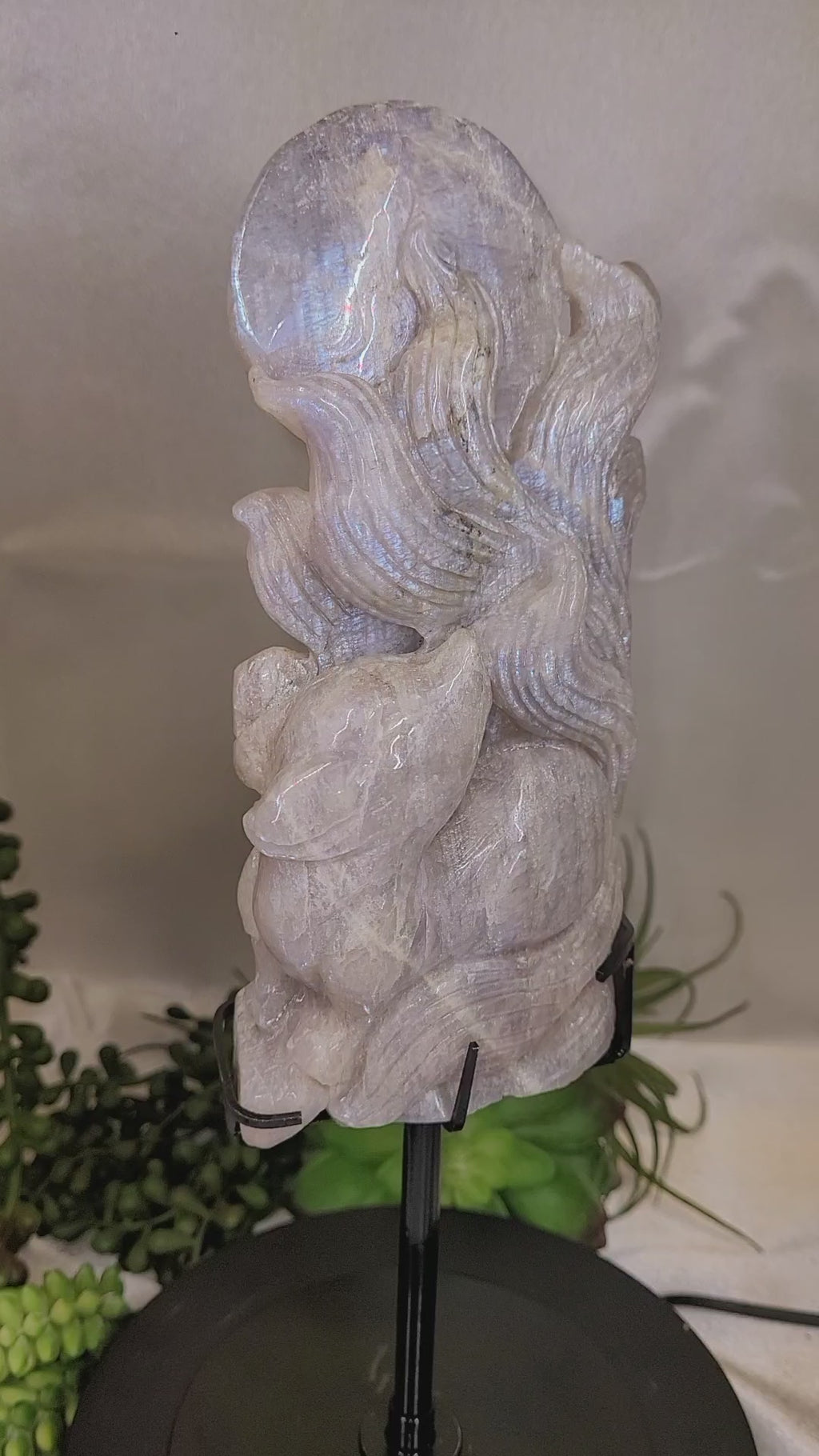 Flashy Moonstone Nine-Tailed Fox Carving on Custom Stand | 10.25" Tall | 833g