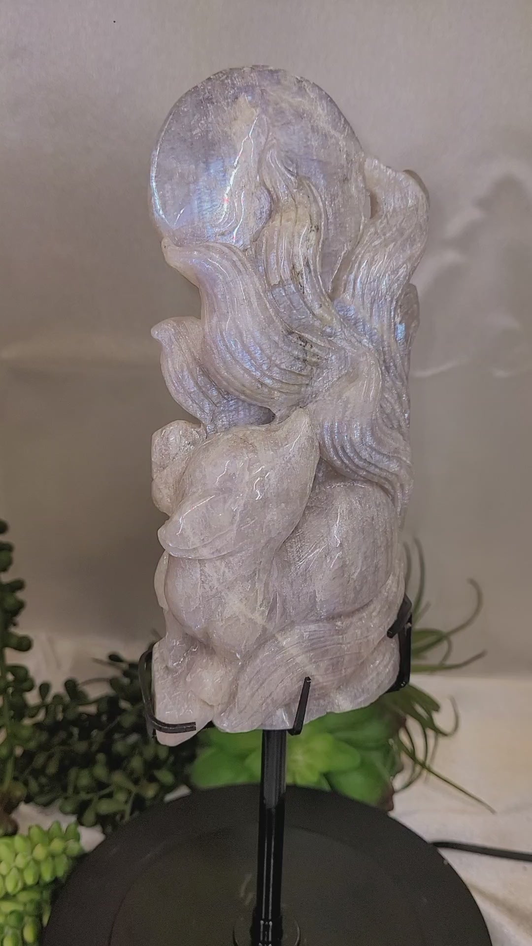 Flashy Moonstone Nine-Tailed Fox Carving on Custom Stand | 10.25" Tall | 833g