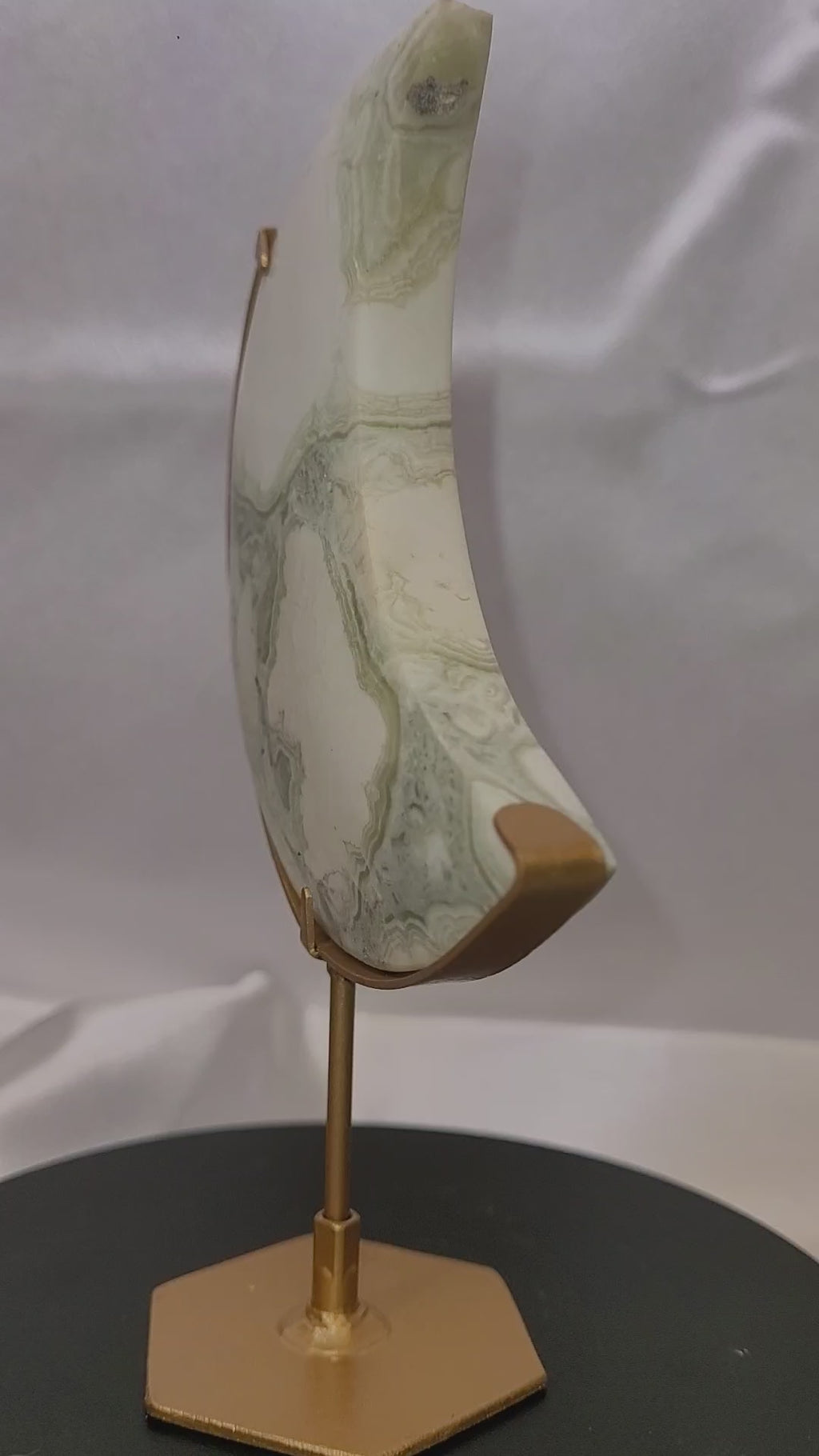 Green Plume Agate Crescent Moon on Gold Stand