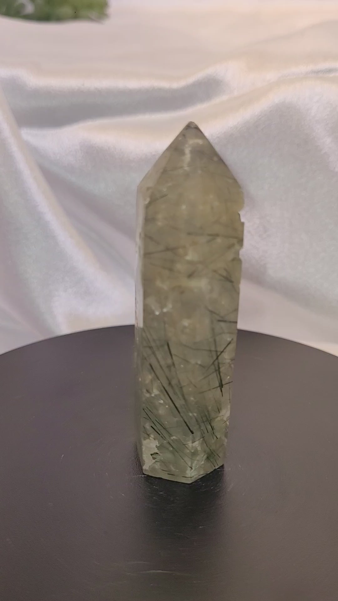 Prehnite Tower with Dark Needle Inclusions