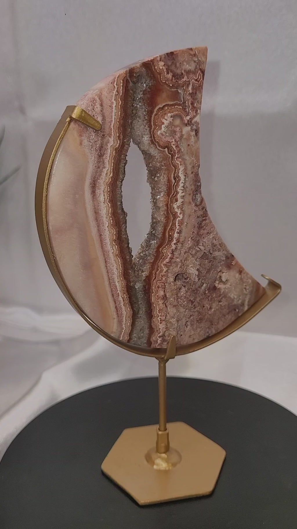 Pink Crazy Lace Agate Crescent Moon with Druzy Center on Gold Stand