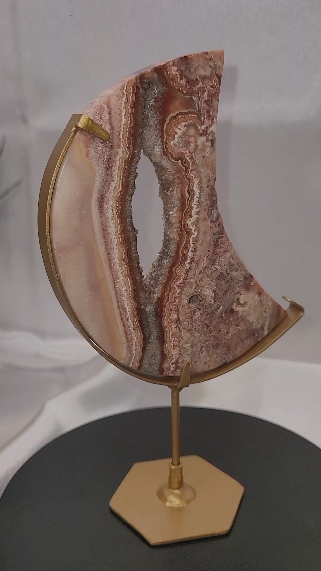 Pink Crazy Lace Agate Crescent Moon with Druzy Center on Gold Stand