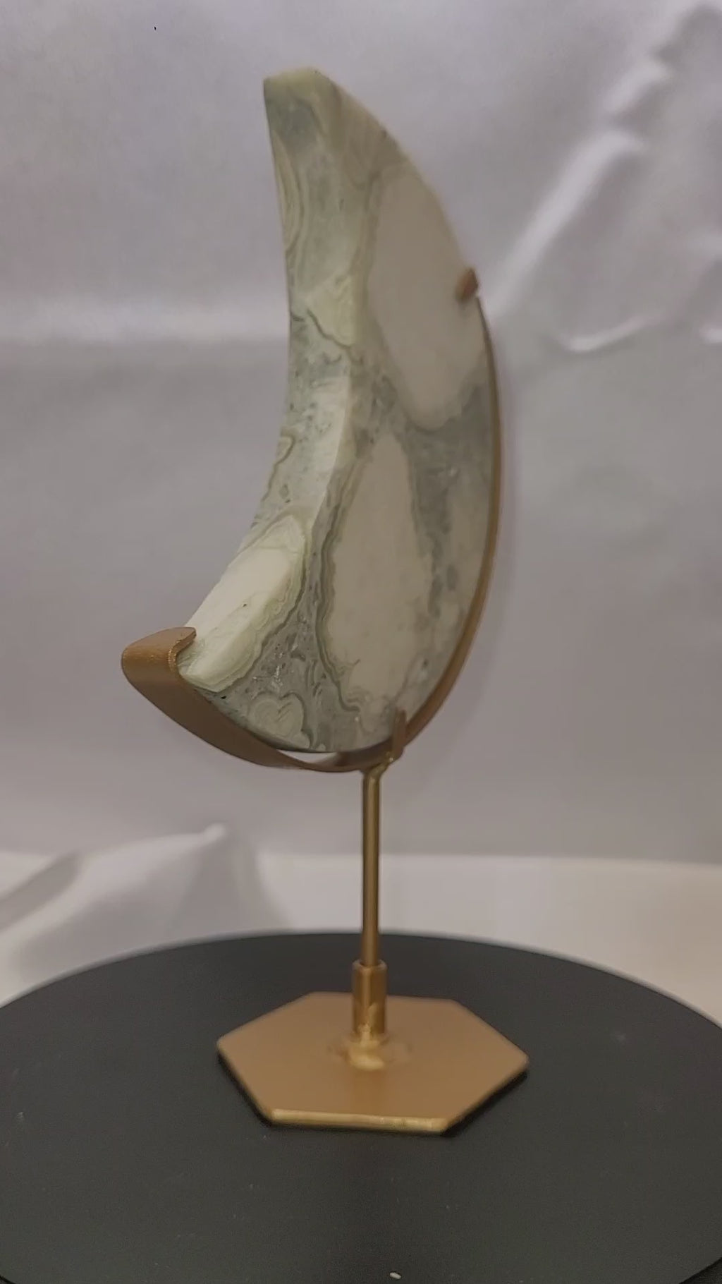 Green Plume Agate Crescent Moon on Gold Stand