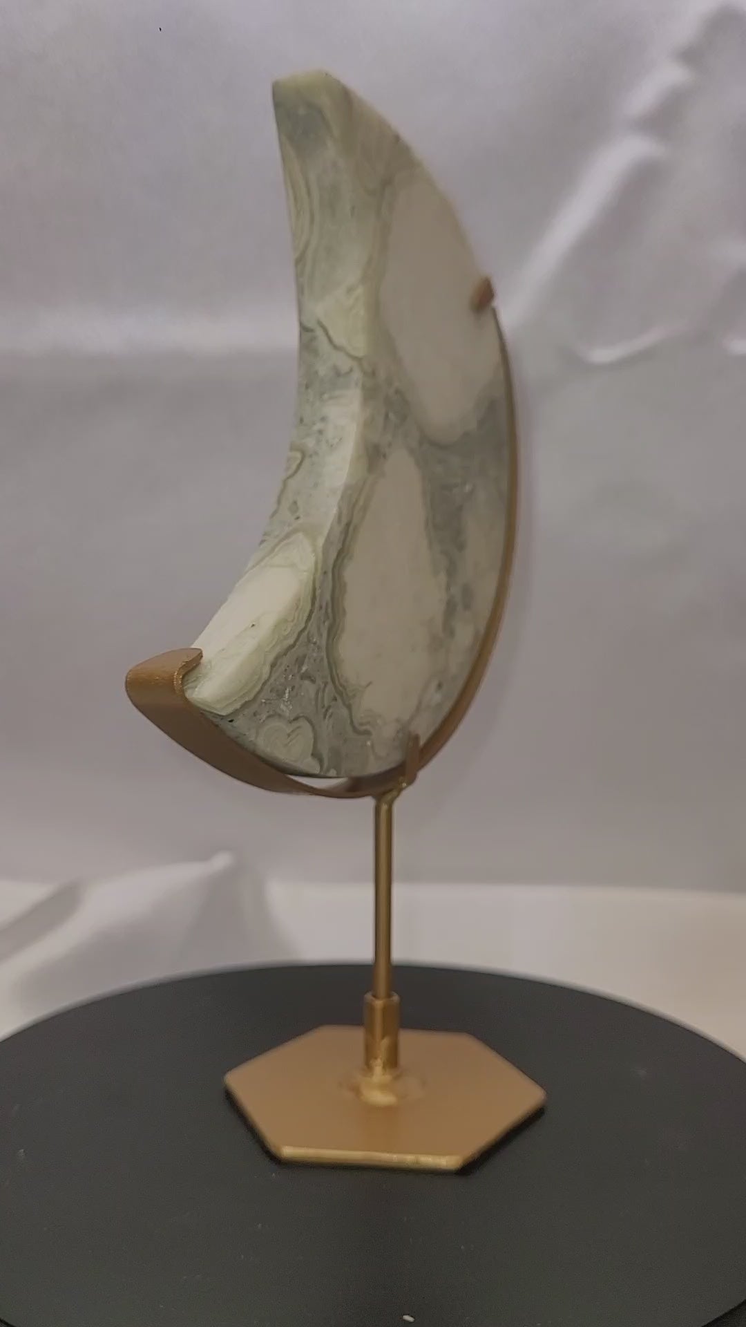Green Plume Agate Crescent Moon on Gold Stand