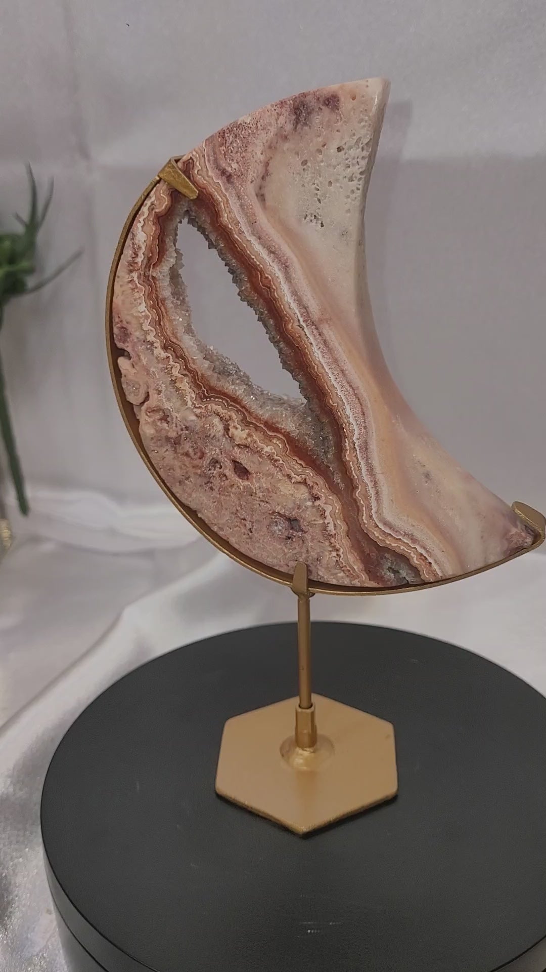 Pink Crazy Lace Agate Crescent Moon with Druzy Cente